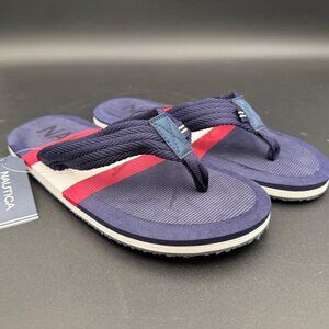 Nautica Mens Eccen Flip Flops Size 9 Navy Blue Red White Striped Sandals